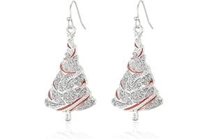 FUTESHEEL Christmas Tree Dangle Earrings for Women, Glittering Silver with Red Accents, Festive Xmas Gift for Her