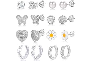 RANKEEF 6-8Paare 925 Sterling Silber Ohrringe für Mädchen Damen Hypoallergene Ohrringe Tiny Herz Hoop Ohrringe CZ Ball Schmetterling Daisy Gestüt Sets für Teenager Kinder Kleinkind Rosa Silber