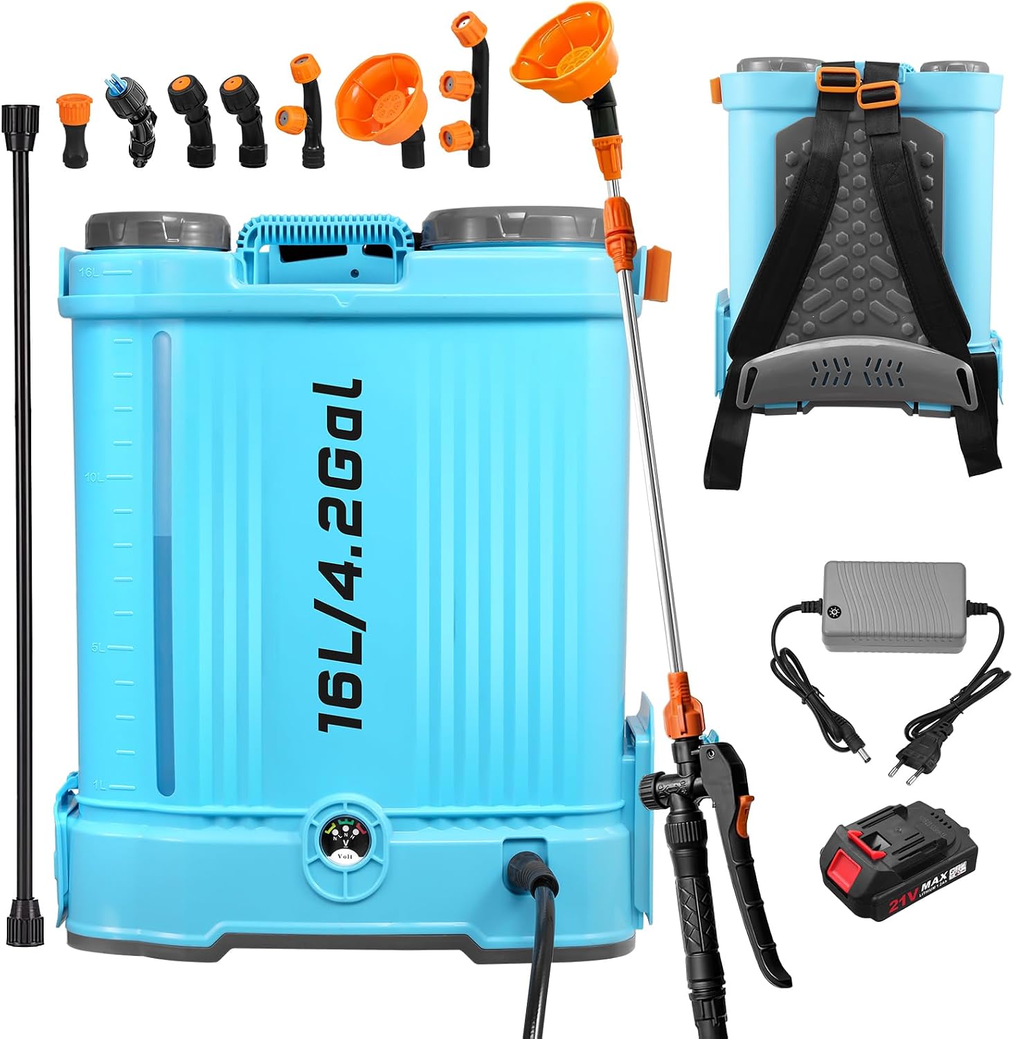 Viugreum 16L Pulverizador de Mochila Eléctrico, 21V Pulverizador de Jardín Eléctrico con 7 Boquillas de Nebulización, Lanza Telescópica y Correa Ajustable para Riego, Irrigación y Mantenimiento
