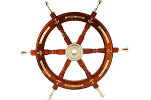 Brainmart Rueda de Barco náutica Hecha a Mano de Madera, capitán Pirata, Barco, Bienvenida a Bordo, Volante Colgante para el hogar | Decoración del hogar (Mango de latón con Ancla, 12 Pulgadas)