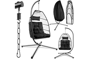 tectake® Luxurious Egg Chair with Stand, Thick Cushions, Polyrattan Weave, Rotatable & Height-Adjustable, Steel Frame, Incl. Protective Cover - Ideal Hammock Chair for Garden, Patio & Balcony - Black