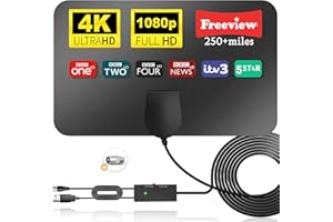CENBOU 2024 Indoor TV Aerial - Digital TV Aerial for Smart TV, TV Antenna with Booster 250+ Long Range Reception for Freeview TV Support 4K 1080P HDTV & 16.4ft Coax Cable