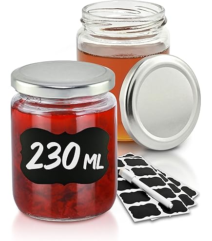 gouveo set van 24 weckpotten 230 ml rond met schroefdeksel geblokt rood BlueSeal - voorraadpotten met schroefdop TO82 - jampotten, weckpotten, worstenpotten