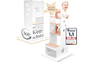 KIDSWOODYSTAR Kids Woody Star® Lernturm ab 1 Jahr [360° KIPPSCHUTZ] Höhenverstellbar Learning Tower Lernturm Montessori | Tritthocker Kinder | Schemel Lernstuhl Lerntower | Holz/Weiß
