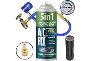 A/C FIX AC FIX 5-en-1 – R1234yf + Tuyau + Lampe torche + Adaptateur Réfrigérant pour climatisation automobile avec huile, produit d'étanchéité, colorant UV, dessiccant – Protège le compresseur
