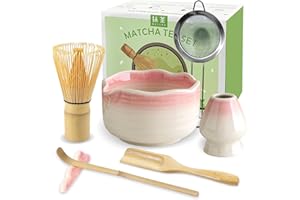 JBER Matcha Besen Set, Matcha Set 7-Teiliges - Bambus Matcha Whisk, Matcha Schale mit Auslauf, Besen Halter, Sieb, Löffel und Halter, Japanisches Matcha Kit für Matcha-Liebhaber, Farbverlauf Rosa