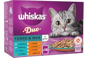 WHISKAS Repas pour Chat - (Lot de 4 Packs 12x85g) - Duo Terre & Mer (4 saveurs) - Pâtée pour Chat en Gelée – Nourriture Humide Complète Double Protéine Deux Fois Plus de Goût