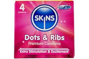 Skins Dots & Ribs Condoms 4 Pack - Ribbed and Dotted Condoms for Enhanced Pleasure - Extra Lubricated, Clear Sexual Contraception with Natural Feel with No Latex Smell