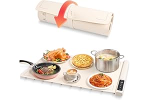 Chauffe Plat Électrique, GuKKK Plateau Chauffant Silicone Portable, Pliable Chauffe-Assiette Alimentaire avec 9 Températures Température Réglable 40°C - 120°C et Minuteur 8h, pour Fêtes, Buffets