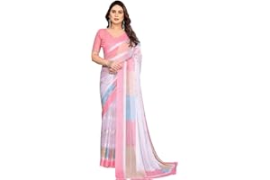 ETHNICMODE Indian Saree For Women Printed Georgette Light Weight Jari Party Wear White Sari With Unstitched Pink Blouse Piece-1154