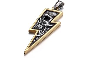 GTHIC Men's Stainless Steel Retro Skull Pnendant Necklaces Silver Gold Lightning Bolt Biker Jewelry