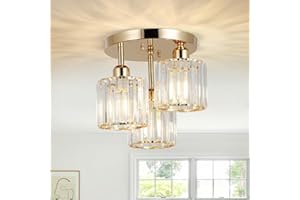 ‎RAYOFLY Rayofly Modern Kristall Kronleuchter, 3-flammig Kristall Deckenleuchte mit Glas Lampenschirm, Deckenlampe Hängend Wohnzimmer, Glas Pendelleuchte für Schlafzimmer, Küche, Flur, Badezimmer, Gold