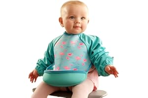 Bibetta Ultrabib - Weaning bib with sleeves - Premium Neoprene for Comfort - Waterproof Baby bibs with Crumb Catcher Pocket for Feeding Toddler & Babies - Roll Up and Machine Washable (Flamingos)