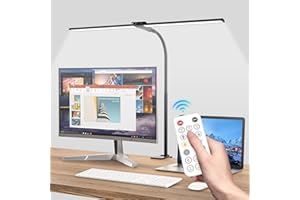 ‎HENSAM Hensam Schreibtischlampe LED, 1400LM Doppelkopf Schreibtischlampen mit Fernbedienungen, Augenschutz Schwanenhals Tageslichtlampe Klemmbar mit 5 Farbmodi-Helligkeitsstufen für Büro, Zuhause, Schwarz