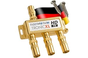 TronicXL 3-krotny rozdzielacz koncentryczny rozdzielacz anteny satelitarnej rozdzielacz GOLD gniazdo koncentryczne wtyczka F z przelotem DC, rozdzielacz telewizji kablowej, kompatybilny z Unitymedia