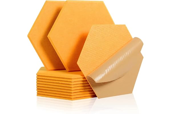 Rdutuok 12 Panneau Acoustique Mural Autocollante,30 x 26 x 1cm Panneaux Acoustiques Hexagonal Auto-Adhésif Pour Studio d'enregistrement,Bureau,Studio et Décoration,Orange Jaune