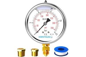 Manomètre Hansfelds 0–25 bar/psi, cadran 63 mm, raccord inférieur en laiton G1/4" BSP, rempli de liquide (glycérine), classe de précision 1,6, incluant 2 réducteurs pour 3/8" et 1/2".