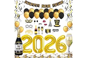 JONAMI New Year's Eve Decoration 2026 XXL Set, Happy New Year Banner, 2026 Giant Foil Balloons, New Years Eve Photo Booth Props, Black and Gold Swirls, Balloons and Confetti