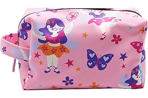 PONETTE - Neceser Infantil en Tejido Rosa con Divertido Estampado de Hadas, Mariposas, Estrellas y Flores, Niño, Niña, Viaje, Estuche, Bolsa, Piscina, Colegio, Marca Española
