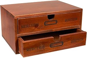 JUVALE Małe drewniane pudełko do przechowywania z 2 szufladami na biurko i akcesoria, artykuły biurowe, blat, dekoracyjny, rustykalny, postarzany design vintage (25 x 18 x 13 cm)