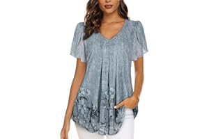 ACDAY Womens Blouses V Neck Ladies Tops Petal Short Sleeve Chiffon Tops Double Layers Mesh Tunic Tops Casual Shirts