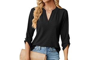 HEERSAN Chemisier élégant à Col en V pour Femme Chic Chemisier Ample à Manches Enroulables à 3/4 Manches Longues Lâches Hauts Tuniques de Base T-Shirt Blouses(S-XXL)