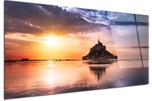 DECLINA Tableau Plexiglas Mont Saint Michel Multicouleur - Impression Verre Nature et Paysage - Décoration Murale pour déco Maison, Cuisine, Salon, Chambre, Bureau - 60x30 cm