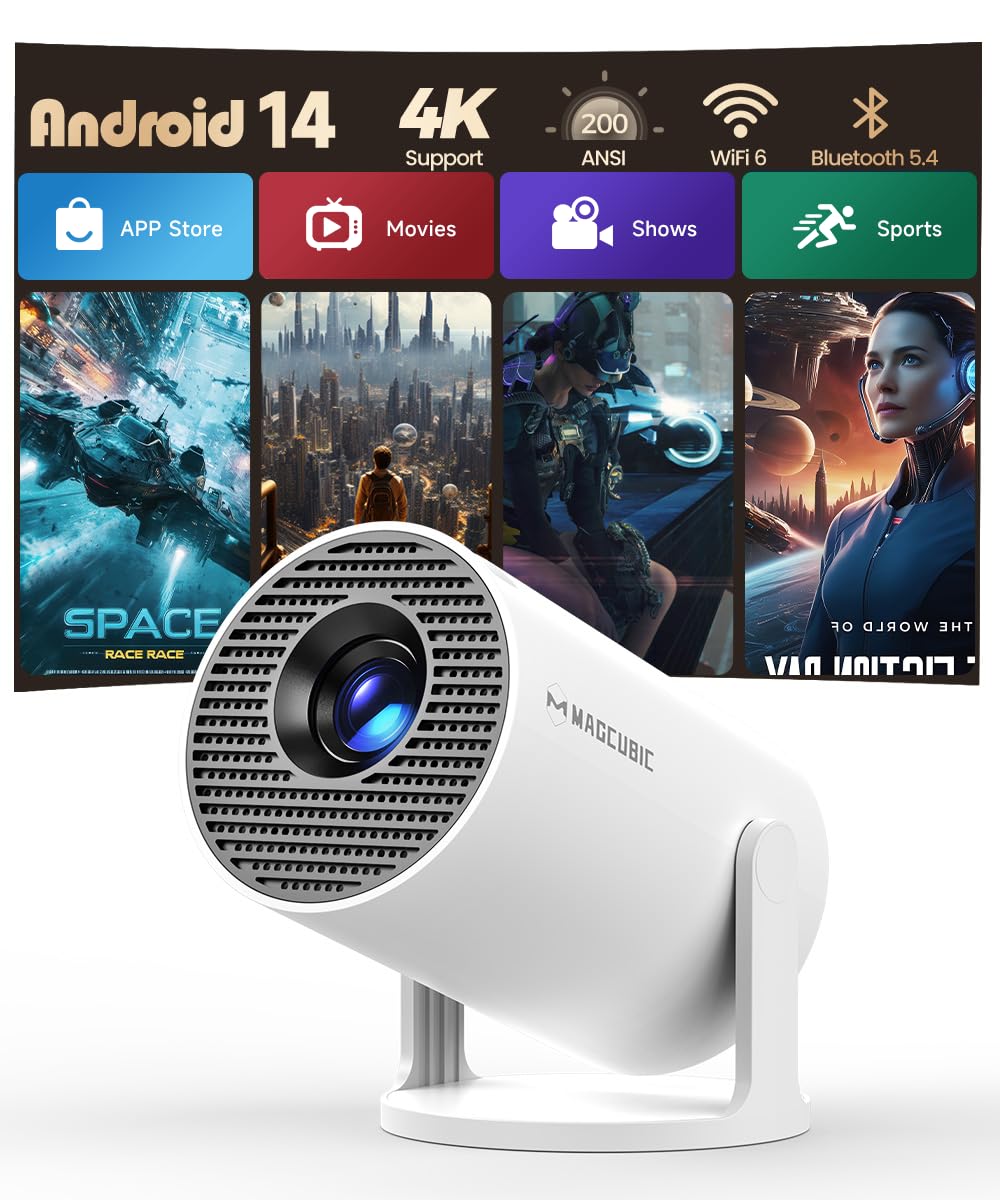 Magcubic Mini Proyector Portátil 4K Soporte [App Integrada] Android 14 | 1080P Full HD Soporte Projector, WiFi 6, Bluetooth 5.4, Altavoz 5W, 200 ANSI, para Móvil, Smart TV, Cine en Casa – HY300Pro
