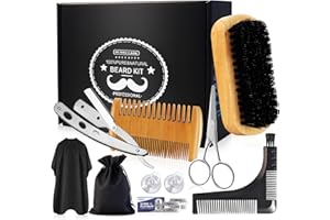 DUAIU Beard Brush & Beard Comb Set for Men Boar Bristles Beard Brush and Dual Action Wood Moustache Comb with Straight Shaving Razors Shaping Styling Tool Scissors Bib Apron Beard Grooming Kit for Men