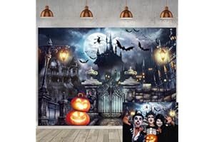 WANGRJ Halloween Photography Backdrop Halloween Photographie de Fond Horror Moon Pumpkin Lampe château Porte Bat cimetière Fond Maison hantée Enfants Adultes Halloween Gala Fournitures 7x5FT