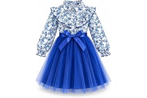 JiAmy flickor blommig volangkrage tyllklänning satinrosett långärmad 2–7 år | Button-down, vintage, höst dagligen, krage, födelsedagsfest bröllop blomma fotografering klänningar för barn