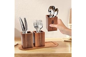 Gachiwar Elegante juego de cofres de madera maciza de acacia para cubiertos - Ideal para la cocina - Con orificio de drenaje - Dimensiones 33 x 11,5 cm