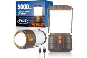 PopoIron Linternas de Camping Paquete de 2, Linternas de Camping LED, Batería Recargable de 5000 mAh, Luces de Emergencia para Cortes de energía, 3 Colores, Linterna Portátil Impermeable IPX4