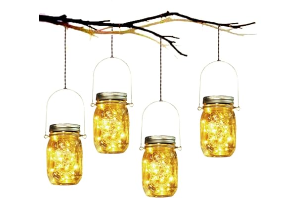 Lumière de Jardin Solaire - 4 Pièces Lanterne de Verre Solaire Imperméable Mason Jar Lanterne Jardin Exterieur pour Décoration de L'éclairage Intérieur Extérieur Chambre Maison Noël (4 Pièces)