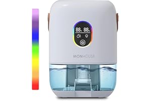 MONHOUSE Deshumidificateur - 1000 Ml - Absorbeur D Humidite Electrique Ultra Silencieux - 7 Veilleuses Colorees, 2 Modes De Fonctionnement, Indicateur D Humidite Et De Temperature - Blanc