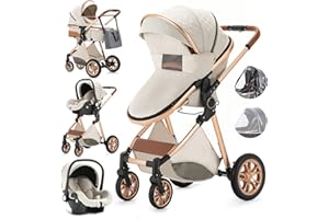 Gcarebb Kinderwagen 3 in 1, Buggy Mit Auto Babyschale, Mit Einem Klick Zusammenklappbarer Tragbarer Kinderwagen Komplettset, KombiKinderwagen Mit Aluminiumrahmen für Neugeborene 0-3 Jahre