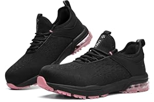 SPIEZ Safety Shoes for Men Women - Lightweight Composite Toe Work Shoes with Air Cushion, Slip On Work Trainers Breathable, Black Blue/Black Pink, UK3.5-11