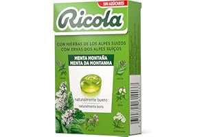 Ricola - Menta Montaña, Caramelos Duros Sin Azúcar, Refresca, Alivia la Garganta y la Respiración, con Menta, Aceite de Cúrcuma, 13 Hierbas Suizas y Aceites Esenciales, con Edulcorantes - Caja 50 g