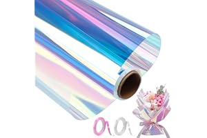 Ticeed 1 rollo de papel de regalo efecto arco iris con 2 cintas de 80 cm x 15 m, papel de película iridiscente para boda, ramo de flores, regalo, paquete de dulces, manualidades