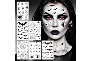 SUPRELUCK 6 Blatt Gesichtstattoo Karneval, große Größe Spinnen Fledermaus Tattoo Gesicht, Erwachsene Kinder Halloween Fasching Tattoo Hexen Zubehör für Karnevalsschminke Halloween Masquerade
