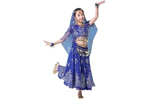 FEOYA Robe Danse Orientale Enfant Costume Danse Bollywood Fille Belly Dance Indienne 5 pcs Top+Robe+Ornement de Tête+Foulard+Ceinture 3-12 Ans