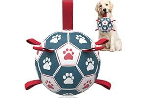 HETOO Zabawka dla psa, bardzo duża piłka nożna z paskiem, interaktywna zabawka dla psów do holowników wojennych, trwałe piłki dla dużych psów, niebieska i czerwona (20 cm)