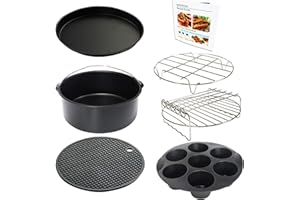 TINMIX 21 cm Luftfritteuse Zubehör Set von 7 Stück für 3,5Qt-5,8Qt Phillips Gourmia Ninja Dash Air Fritteuse mit Eierstichen Form, Pizzablech, Kuchenfass Spieß-Rack, Silikonmatte, Kochbuch