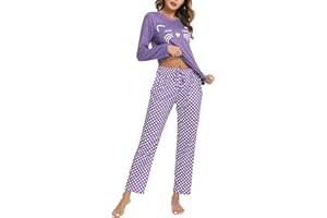 Uniexcosm Pijamas Mujer, Pijamas Mujer Gato Pijamas para Mujer Algodon de Manga Larga Ropa de Casa Dormir Estampado en Cuello Redondo Pijama Mujer 2 Piezas Suave para Casual