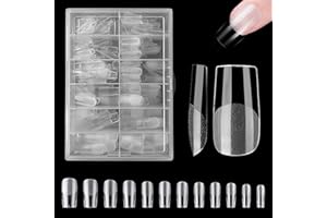 Ongles Americain, ZAHRVIA 420 Pièces Pose Carré Court Faux Ongles en Gel, 12 Tailles Différentes Artificiel Capsules Conseils Mi-Transparente Mi-Givré
