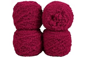Uiopa Hilo para Tejer a Crochet, 4 x 100g Hilo Crochet de Esponjoso y Felpa, Hilo de Lana Suave Crochet a Mano para Mantas, Bufandas, Sombreros, Proyectos de DIY (Vino Rojo)