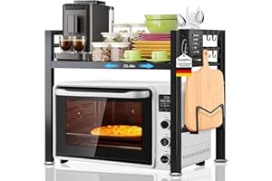 Swetfela 40-67cm Estirable Soporte Microondas,2 Niveles Estanteria Microondas con Cubo para Cuchara y 6 Ganchos,Soporte,Soporte para Microondas para Encimeras de Cocina Capacidad de Carga 35 Kg,Negro