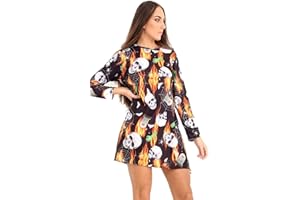 Candid Styles Womens Halloween Skeleton Pumpkin Swing Dress Flared Skater Bones Hand Print Bodycon Tunic Dress Top 8-26