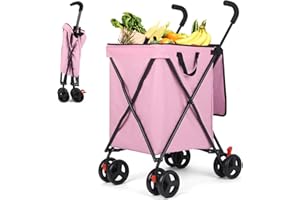 AESRAOU Shopping Cart, Collapsible Folding Utility Wagons Carts Heavy Duty, Large Capacity 120lbs, Minimalist, with All-Terrain Big Wheels for Outdoor Camping Shopping Sports Garden (Pink)