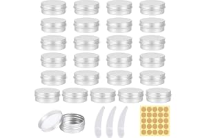 26 stycken tomma burkar i aluminium, 10 ml runda krämburkar för fyllning, reseburk liten metallburk, plåtburk med skruvlock för läppbalsam, kosmetika, kräm lotion (med klistermärke och minispatel)